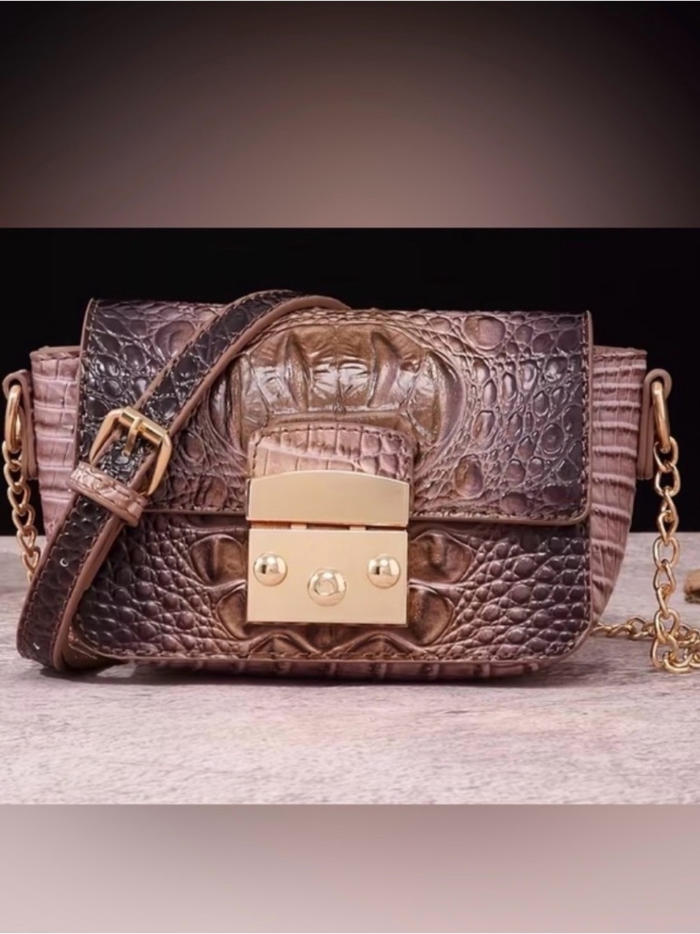 Brown PU Croc-Embossed Crossbody Bag with Gold Hardware